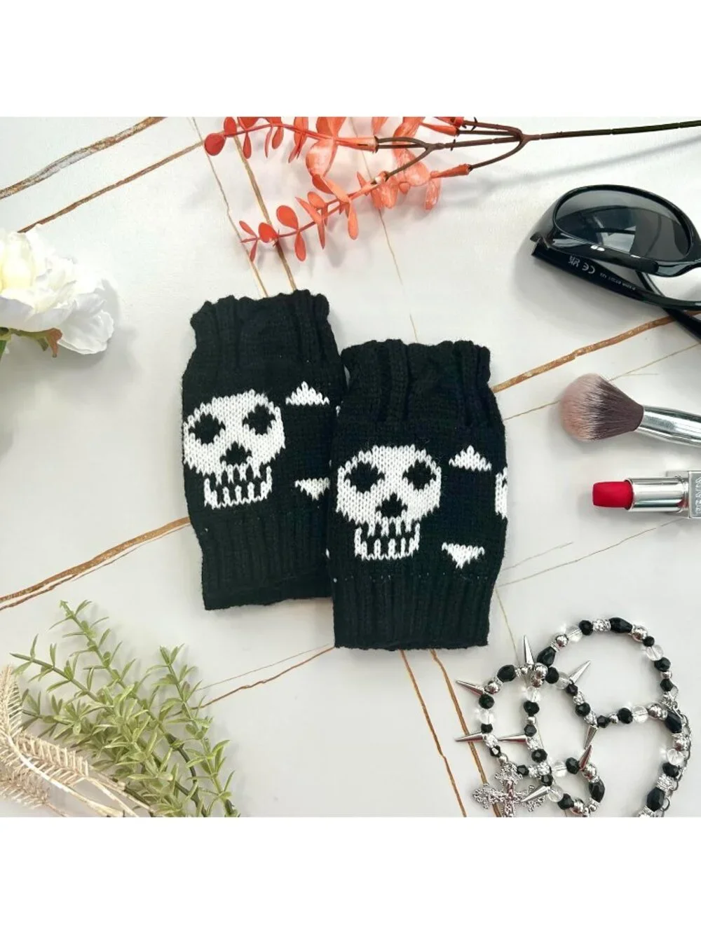 Women's Black and white Striped Arm Warmers  Y2K Gothic Cosplay Fingerless Glove